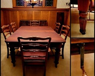 Antique Mahogany Dining Table with 2 mechanically drawn leaves and full table pad $795 or bid #33
Set of 6 Antique Mahogany Dining Chairs #34