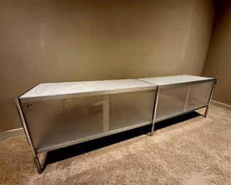 USM Haller low double media console for Design Within Reach, of chrome plated steel with 4 sliding doors and 2 Carrera marble tops was designed by Fritz Haller and Paul Schaerer in 1963 $895 or bid #11