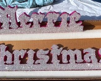 Merrie Christmas Vintage Styrofoam Glitter and Pink Sign
