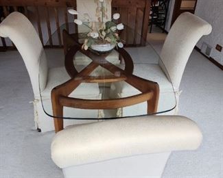 Mid-century modern table with formal skirted fabric chairs there are six chairs total for this dining room set Buy IT NOW. $ 1,400.00