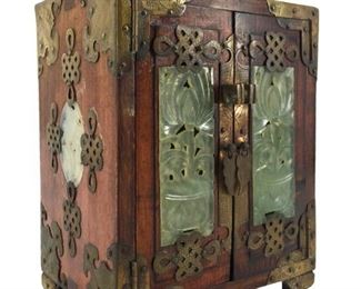 Signed IVI Asian Jade Inlaid Wood Jewelry Cabinet