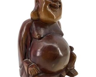 Vintage Carved Dark Wood Jubilant Buddha Sculpture