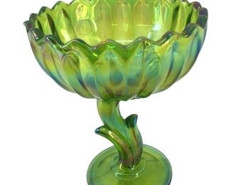 Vintage Green Iridescent Glass Flower Compote