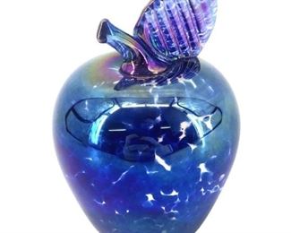 Signed Royal Blue Iridescent Glass Apple Decor