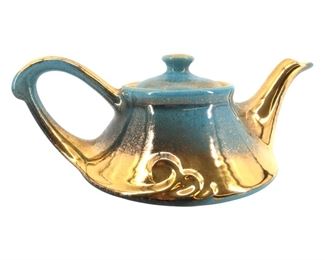 Signed D Studio Pottery Blue and Gold Toned Teapot