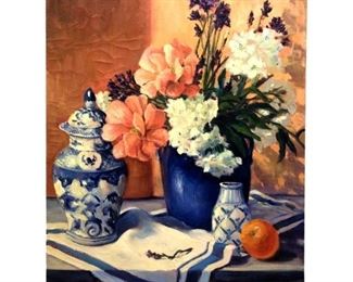 Signed LeClair Floral Still Life Oil on Canvas
