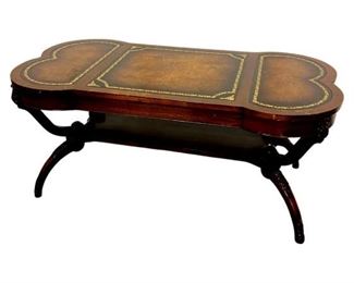 Antique Leather Top/ Wood Ornate Coffee Table

