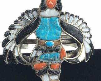 925 Silver Zuni Eagle Dancer Bracelet, Multi Stone
