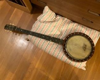 5 String Zither Banjo (maker unknown), c. early 1900's, made in England, natural lacquer finish, laminated rosewood rim and resonator back, walnut neck.