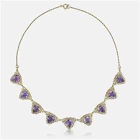 Fine 18K Yellow Gold Amethyst Heart Station Necklace