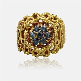 Fine Italian 18K Yellow Gold and Sapphire Ladies Cocktail Ring