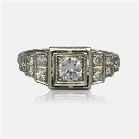 Fine Art Deco 18K White Gold Diamond Ladies Engagement Ring
