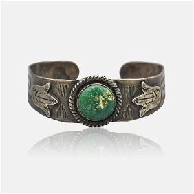 Vintage Fred Harvey Native American Turquoise Stampwork Pawn Silver Cuff Bracelet