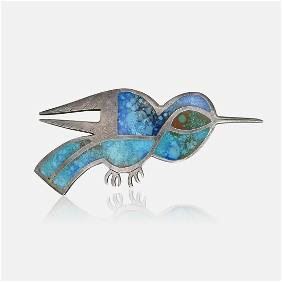 Modernist Sterling Silver & Inlay Turquoise Humming Bird Brooch By Laffi