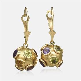 Pair 14K Yellow Gold Ball Multi-Gemstone Dangle Earrings