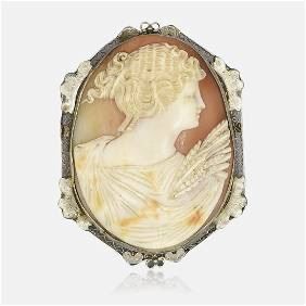 Large Antique Carved Shell Cameo set in a 14K White Gold Mount Pendant Brooch