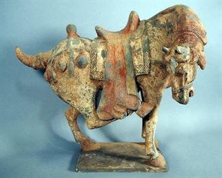Tang Dynasty (618-907 AD) Terracotta Horse, Made By Mold, Painted But Not Glazed, 14" High x 16.6" Long x 9.5" Wide