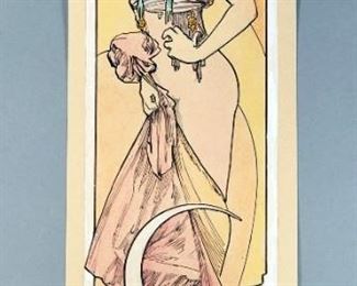 Alphonse Mucha (Czech, 1860-1939) Drawing Of Woman For Cocorico Magazine, 5.5" x 15.5"