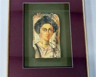 Fayum Mummy Portrait On Wood Panel, c. 1st-4th Century AD, 9" x 17" Panel In 29" x 37" Shadowbox (1 Trim Edge Detached)