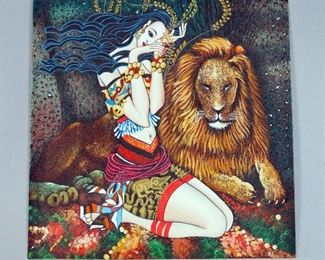 Oriental Painting On Sandpaper Of Woman And Lion, c. 1990-2000, Identifying Information On Back (Written In Chinese), 9" x 9"