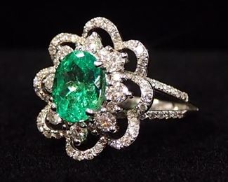 18K White Gold Emerald And Diamond Ring, With Appraisal, Size 6-1/4, Approx 6.07 g Total Weight Including Stones