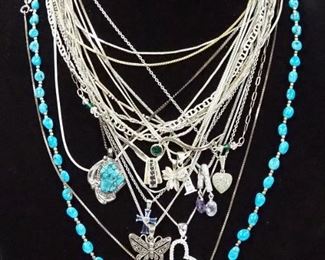 Sterling Silver Necklaces, Various Styles And Lengths, Some With Stones, Approx 109.55 g Total Weight Including Stones