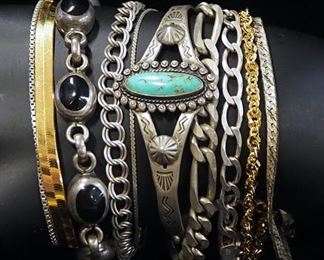 Sterling Silver Bracelets, Qty 10, Various Styles And Lengths, And Pendant, Some With Stones, Approx 82.66 g Total Weight Including Stones