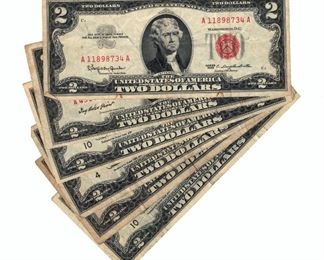 1953-A And 1963 Red Seal $2 Bills And 1976 $2 Bills, Qty 4, Total Qty 6