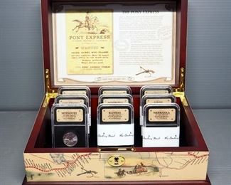 Danbury Mint Pony Express Coin Set, Includes 8 Proof State Quarters (Each 90% Silver), 1 Silver Commemorative (1/2 Troy Oz .999 Silver), Stamps & Box