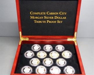 Complete Carson City Morgan Silver Dollar Tribute Proof Set, Contains 14 .999 Silver Clad Coins In Display Case, Represent Each Year Of CC Minting