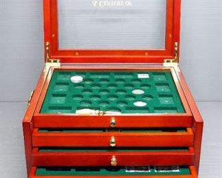 A Century Of Lincoln Coins & Stamps Collectors Box With Some Contents, Hinged Lid, 5 Trays, Drop Front, Side Handles, And Key