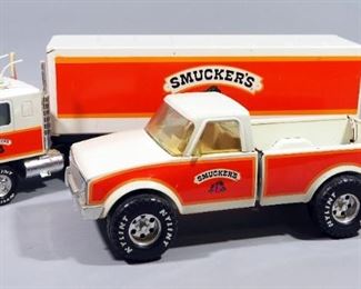 Nylint GMC Smucker's Pressed Metal Cabover 18-Wheeler, 21.25" Long, And Nylint Smucker's Chevy Truck