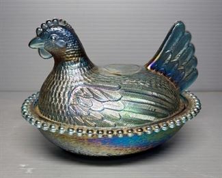 Indiana Glass Co Carnival Glass Nesting Hen, Carnival Glass Tumbler, And Marigold Berry & Leaves Bowl