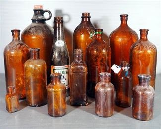 Brown Bottle Collection, Includes Clorox, Purex, Lysol, Medicine Bottles, Belikin Beer And More, Qty 14