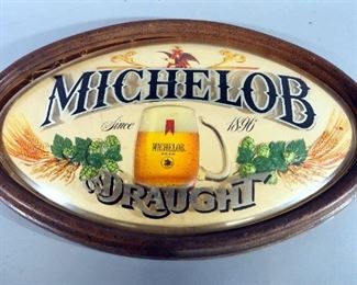 Michelob Draught Beer Domed Glass Sign, 23" Wide, Needs To Be Resecured To Frame, And Beer Price Sign, 14" H x 24" W