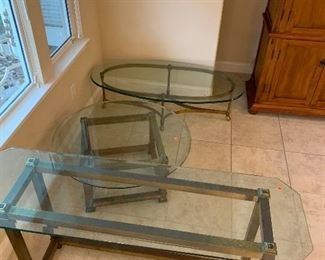 Atomic age glass top bronze tables