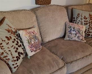 Drexel beige sofa. Excellent condition.  Short fringe trim around edges. Very comfortable.  High quality piece.