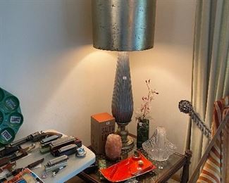 One of the many stunning lamps available and groovy MCM home decor items - love ya some orange ashtray and lighter combo! 