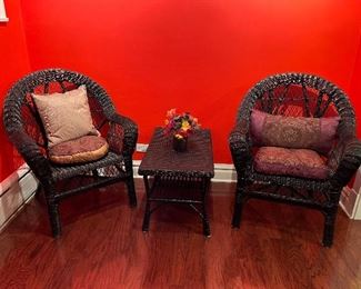 (2) wicker armchairs and coffee/side table