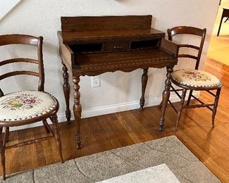 Needle Point Side Chairs, Desk and Neutral Area Rug