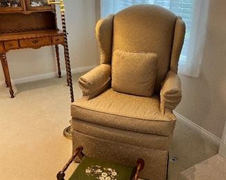 Needle Point Foot Stool, This is one of two wing back custom upholstered chairs.