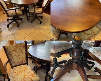 Table and 4 chairs. 1 chair arm repaired. 
Table base cracked but owner never knew. Stable. 