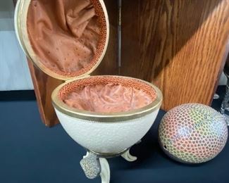 Open view of the ostrich egg music box