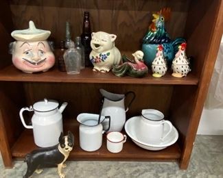 Vintage Luigi Restaurant Cookie Jar "Petits Gateaux" Rare Cardinal Old USA, Shawnee Pottery "Smiley" the Pig Pitcher, Vintage Hand Painted Royal Japan Rooster Sugar and Creamer, Vintage 1950's Hull Pottery Mother Goose Ceramic Planter, 