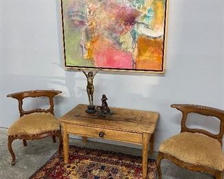 Unique Pair of Vintage Chairs, Primitive Side Table with Drawer, Bronze Statue by Clair J.R. Colinet, 