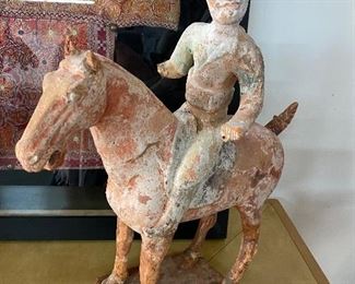 Chinese Tang Dynasty Terra Cotta Horse and Rider Tomb Figure