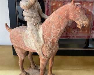 Chinese Tang Dynasty Terra Cotta Horse and Rider Tomb Figure