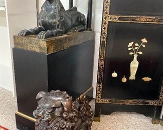 Bronze Foo Dog, Bronze Sphinx Accent Table one of two available 