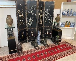 Asian Room Divider with inlaid mother of pearl design, Asian Bronze Foo Dogs and Sphinxes