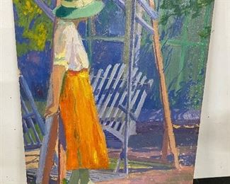 Beautiful Original "M L Wheelock  1919"  (Mabel Louise Wheelock, 1887 - 1950)   This scene is beside the swing in front of the Old Inn at Oxbow Artist Camp in Saugatuck. Oil on Fiber Board. 